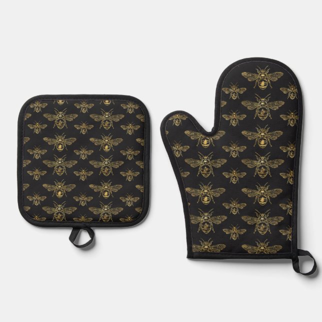 Bee Pattern Queen Gold Black Oven Mitt & Pot Holder Set (Front)