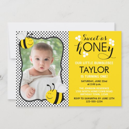 Bee Photo First Birthday Invitation