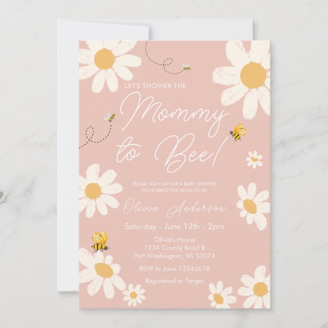 Bee Pink Daisy Retro Mommy to Bee Baby Shower  Invitation (Front)