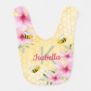 Bee pink florals yellow honeycomb monogram baby bib