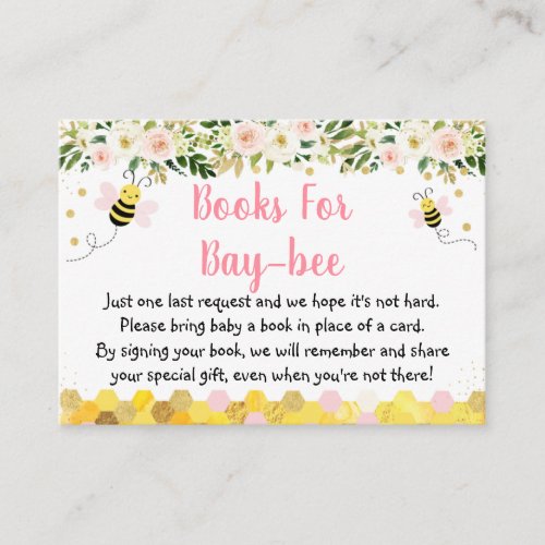Bee Pink Gold Floral Baby Shower Book Request Enclosure Card
