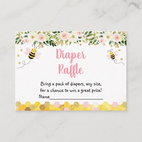 Bee Pink Gold Floral Baby Shower Diaper Raffle Enclosure Card