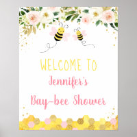 Bee Pink Gold Floral Baby Shower Welcome Poster