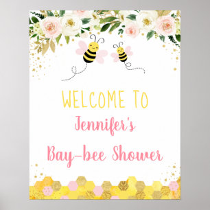 Bee Pink Gold Floral Baby Shower Welcome Poster