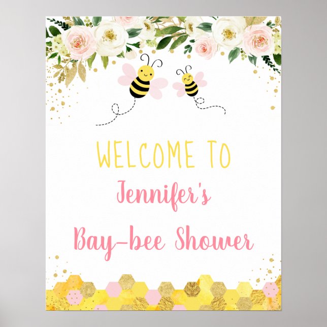 Bee Pink Gold Floral Baby Shower Welcome Poster (Front)