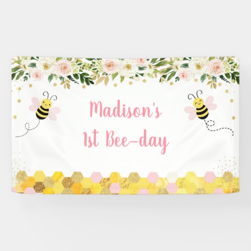 Bee Pink Gold Floral Birthday Banner