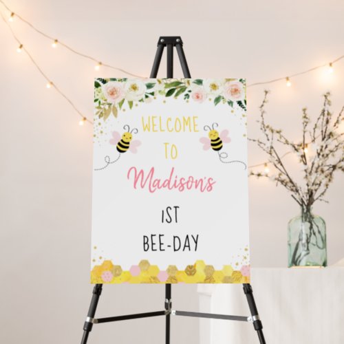 Bee Pink Gold Floral Birthday Bee_Day Welcome Foam Board