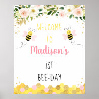 Bee Pink Gold Floral Birthday Bee-Day Welcome Poster