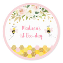 Bee Pink Gold Floral Birthday Classic Round Sticker