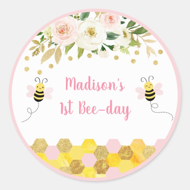 Bee Pink Gold Floral Birthday Classic Round Sticker (Front)