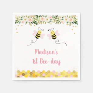 Bee Pink Gold Floral Birthday Napkins