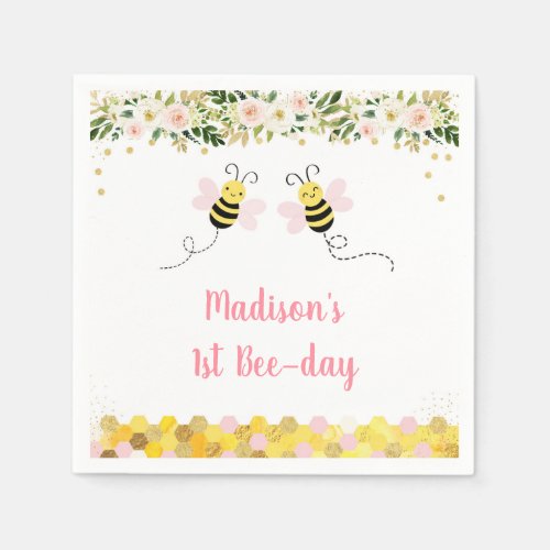 Bee Pink Gold Floral Birthday Napkins