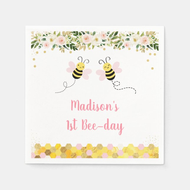Bee Pink Gold Floral Birthday Napkins (Front)