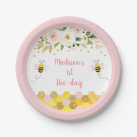 Bee Pink Gold Floral Birthday Paper Plates