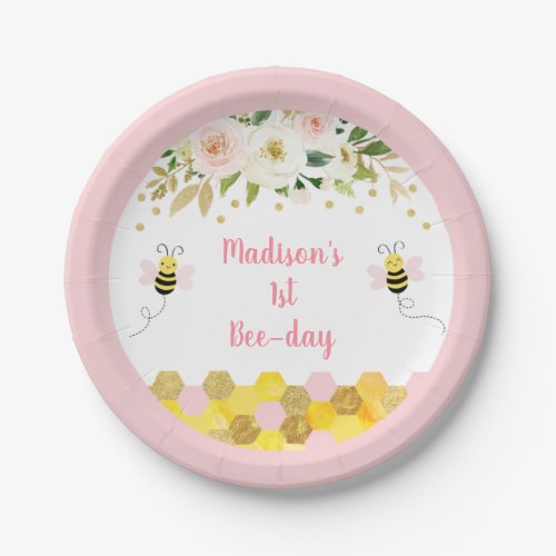 Bee Pink Gold Floral Birthday Paper Plates