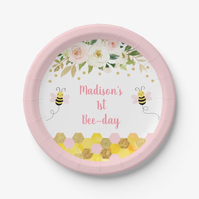 Bee Pink Gold Floral Birthday Paper Plates (Front)