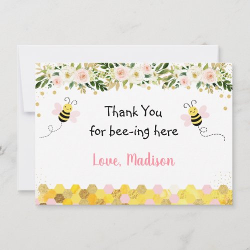 Bee Pink Gold Floral Birthday Thank You