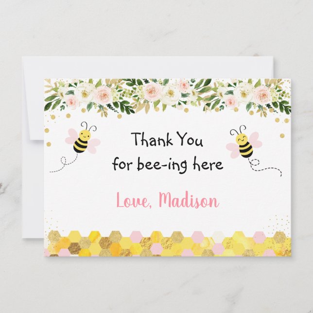 Bee Pink Gold Floral Birthday Thank You Card (Front)