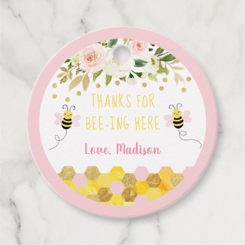 Bee Pink Gold Floral Birthday Thank You Favor Tags