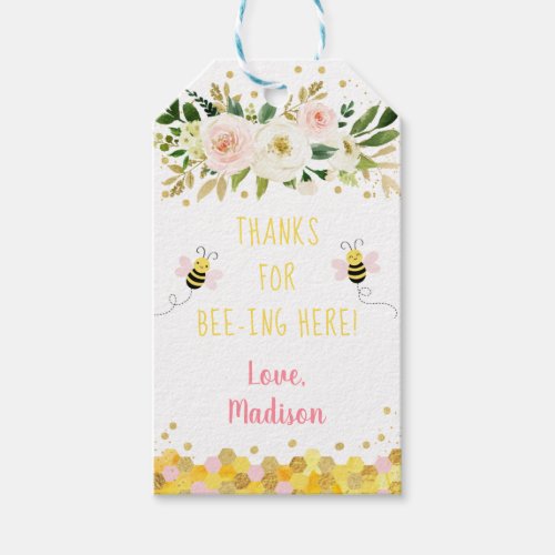 Bee Pink Gold Floral Birthday Thank You Gift Tags