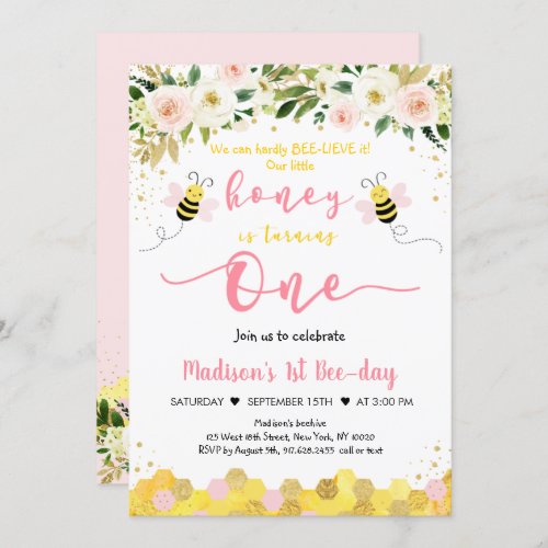 Bee Pink Gold Floral Girl First Birthday Invitation
