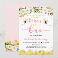 Bee Pink Gold Floral Girl First Birthday Invitation