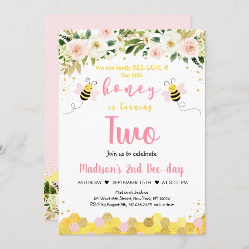 Bee Pink Gold Floral Girl Second Invitation