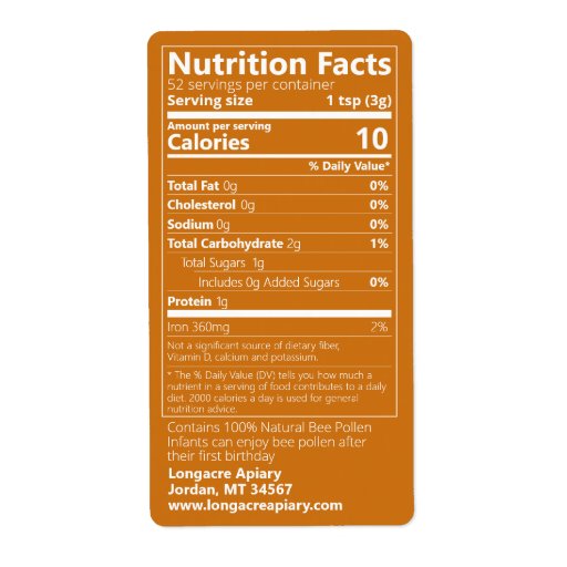 Bee Pollen Nutrition Facts Amber Label