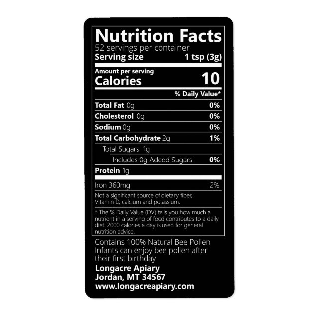 Bee Pollen Nutrition Facts Black Product Label (Front)