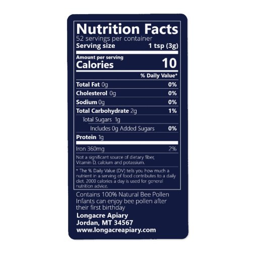 Bee Pollen Nutrition Facts Dark Blue Product Label