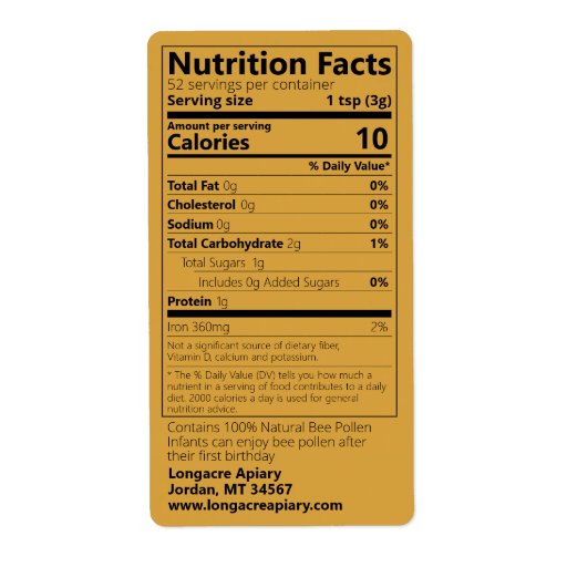 Bee Pollen Nutrition Facts Light Amber Label