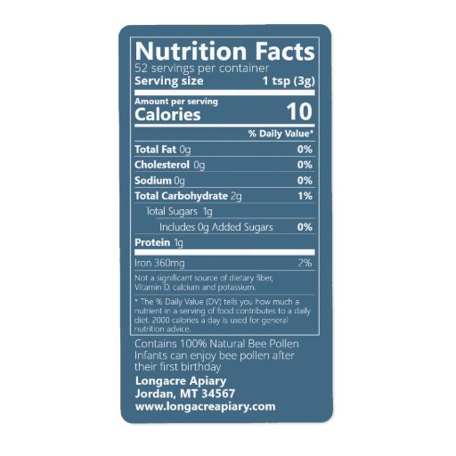 Bee Pollen Nutrition Facts Teal Product Label