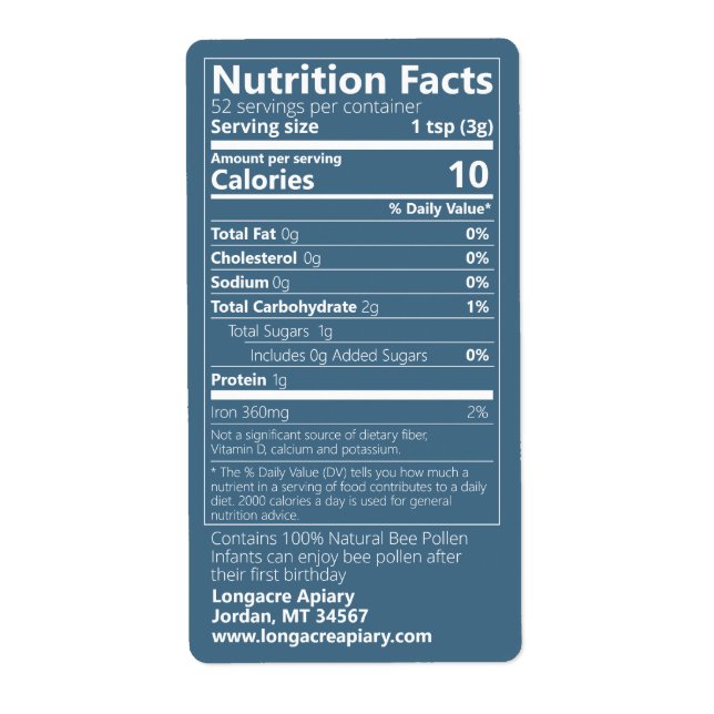 Bee Pollen Nutrition Facts Teal Product Label (Front)