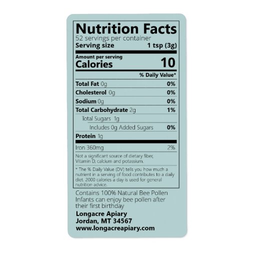 Bee Pollen Nutrition Facts Turquoise Product Label