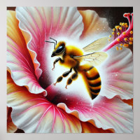 Bee Pollinating a Blooming Hibiscus Flower
