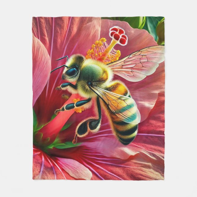 Bee Pollinating a Vibrant Hibiscus Flower  Fleece Blanket (Front)