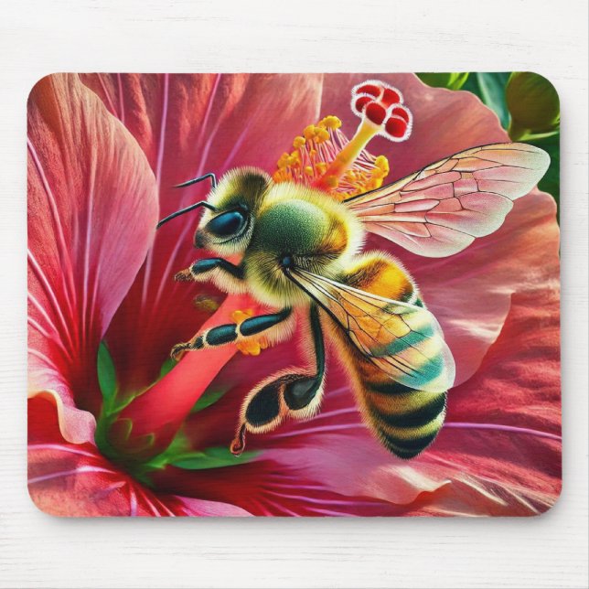 Bee Pollinating a Vibrant Hibiscus Flower  Mouse Pad (Front)