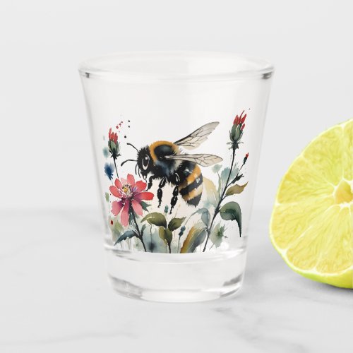 Bee Pollinating Pink Wildflowers Shot Glass