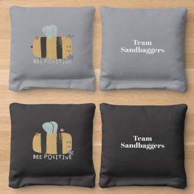 Bee Positive - Cute Bee Pun Cornhole Bags (Wood)