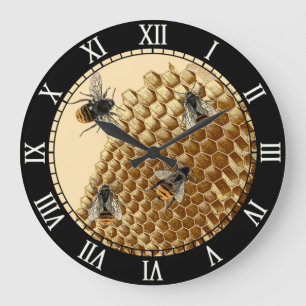 Bee Print, Honeycomb Illustration, Vintage Large Clock