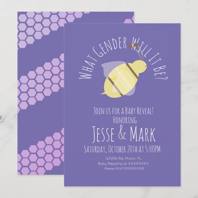 Bee Purple Yellow Gender Reveal Invitation (Front/Back)