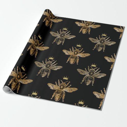 Bee Queen Honey Black Bronze Vintage Crown Wrapping Paper