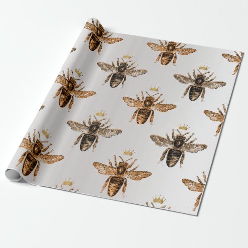 Bee Queen Honey Bronze Gray Vintage Crown Wrapping Paper