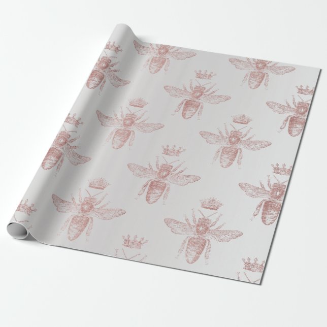 Bee Queen Rose Gray Blush Honey Bridal Honeymoon Wrapping Paper (Unrolled)