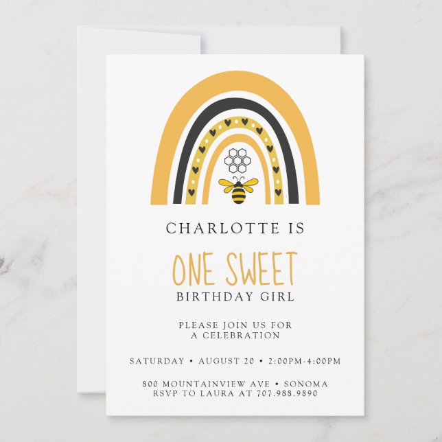 Bee Rainbow Yellow Gold Girl Birthday Party Invitation (Front)
