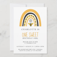 Bee Rainbow Yellow Gold Girl Birthday Party Invitation