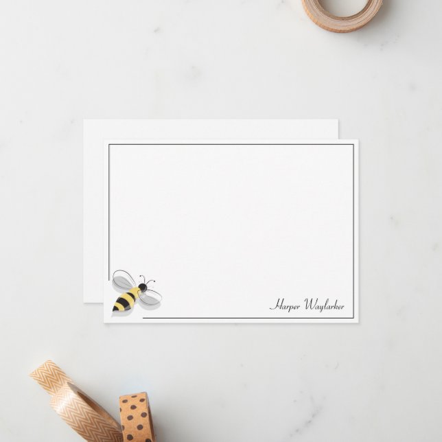 Bee Simple Border White Black Yellow Name Note Card (Front/Back In Situ)