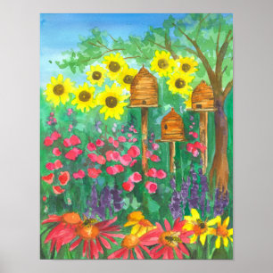 Bee Skep Coneflower Garden Watercolor Sunflowers Poster