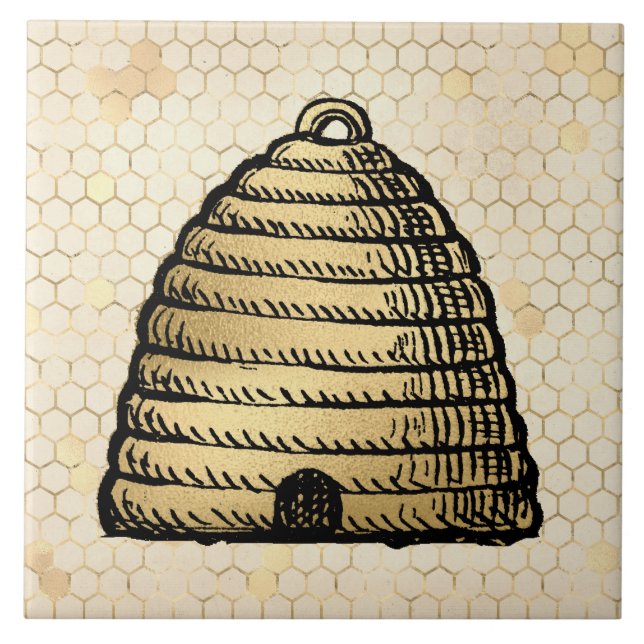 Bee Skep Hive Rustic Gold Honeycomb Ceramic Tile (Front)