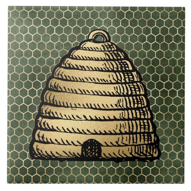 Bee Skep Hive Rustic Gold Honeycomb Green Ceramic Tile (Front)